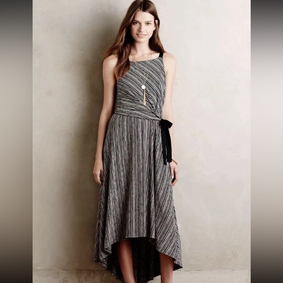 Ricki’s Black White Striped Midi Dress M Asymmetrical Hem Tie Waist Sleeveless - Picture 2 of 15